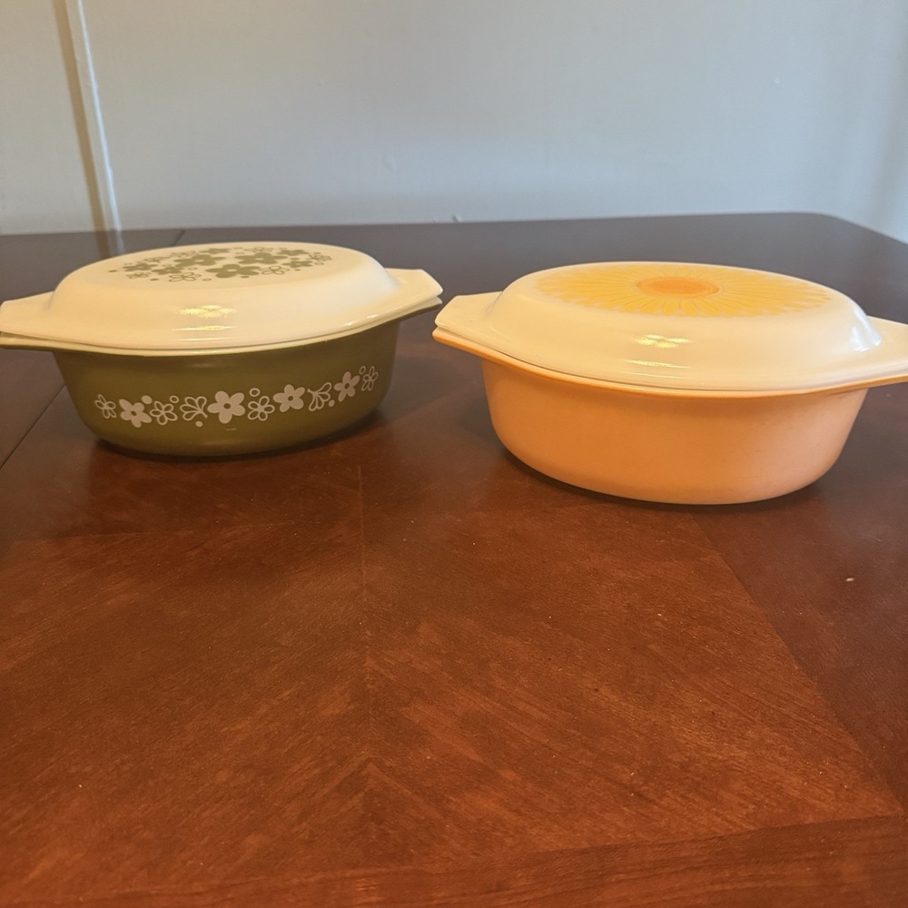Vintage Pyrex Casserole Dish Lid Lot Spring Blossom Green Crazy Daisy Sunflower